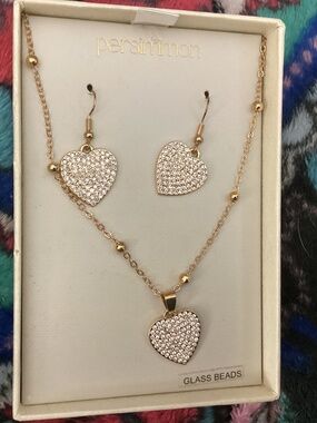 NWT Persimmon Rose Gold Tone necklace matching earrings set glass rhinestones